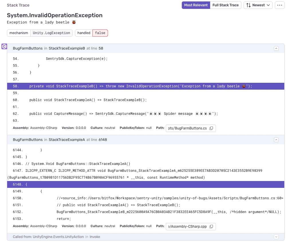 A Sentry event with a mixed stack trace